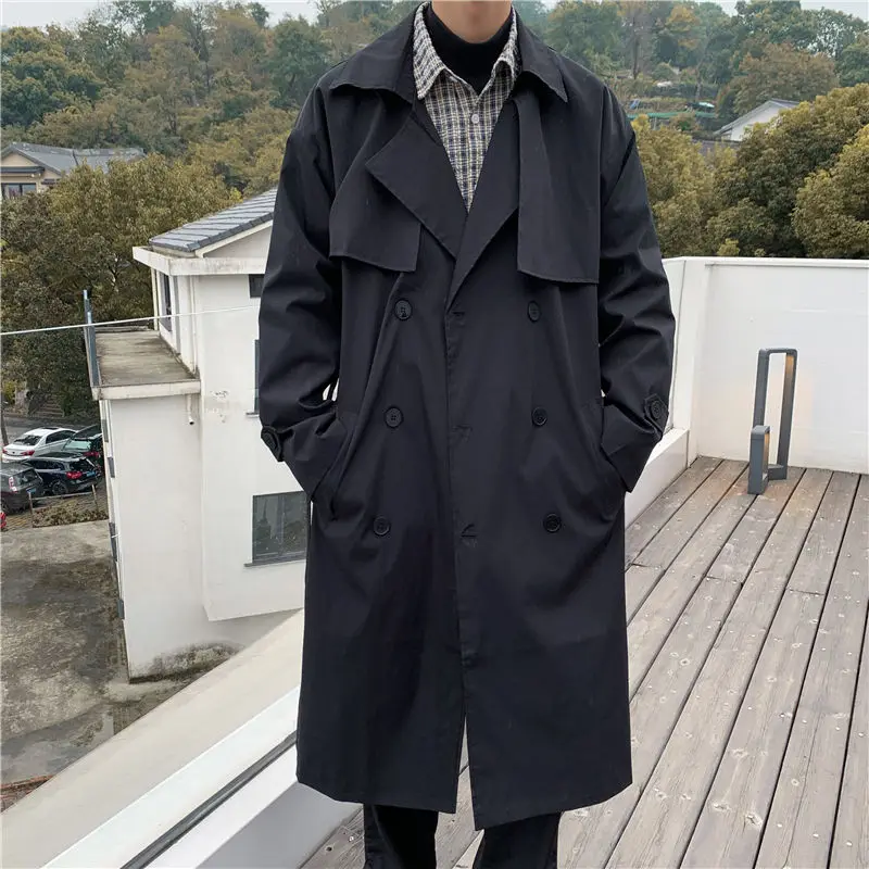 

Spring Cotton Trench Coat Men's Fashion Retro Casual Long Coat Men Streetwear Korean Oversize Windbreaker Jacket Mens Overcoat