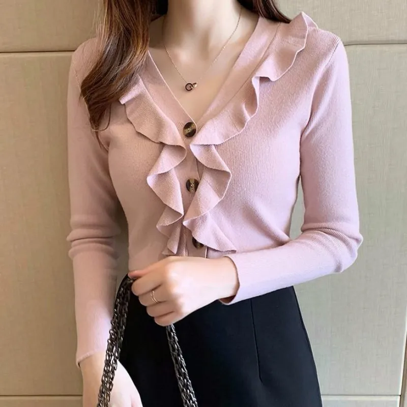 

2021 New Spring and Autumn Sweet Ruffle Patchwork Knit Cardigan Long Sleeve V Collar Knitwear Korean Slim Sweater Coat Y530