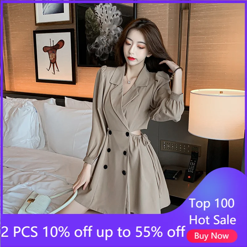 

Пикантное женское платье с высокой талией и пышными рукавами, Осеннее офисное платье миди с V-образным вырезом и шнуровкой