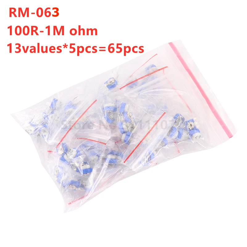 

65PCS RM063 Vertical Blue White Adjustable Resistor Kit 100 ohm -1M ohm 13 kinds * 5 PCS=65PCS Resistance 100R-1MR RM-063 WH06-1