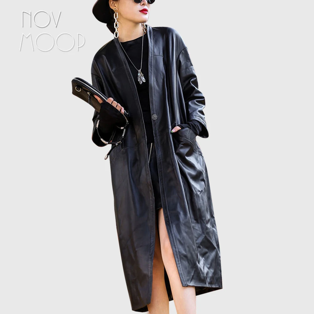 Novmoop 2020 french style one piece genuine leather sheepskin tretch coat Trench-coat en cuir pour femme LT3264