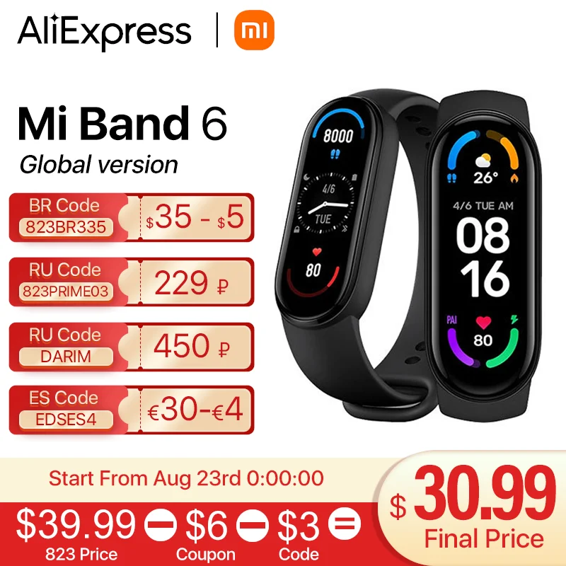 Оригинальный браслет Xiaomi Mi Band 6 глобальная версия цветной AMOLED смарт для фитнеса с