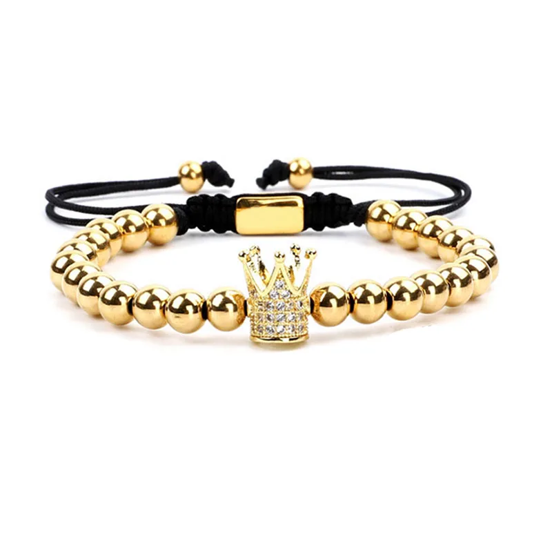 

High Quality Men Women Jewelry Bracelet CZ Micro Pave Crown Ball Charm Stainless Steel Beads Macrame Bracelet Men Women