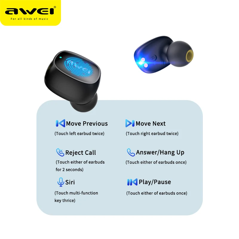 

AWEI T13 TWS True Wireless Bluetooth Earphone Bass HiFi In-Ear Mini Capsule Touch Contorl With Mic HiFi Stereo Gaming Earbuds