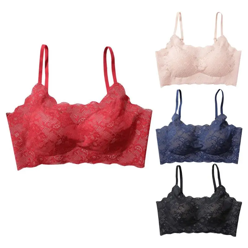 Women Sexy Floral Lace Seamless Bralette Spaghetti Straps Padded Bra Underwear X3UE