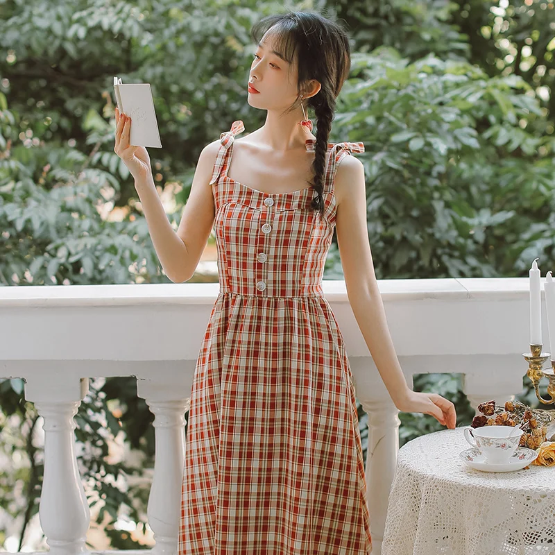 Новинка лета 2021 клетчатое платье А силуэта для французских меньшинств длинное на