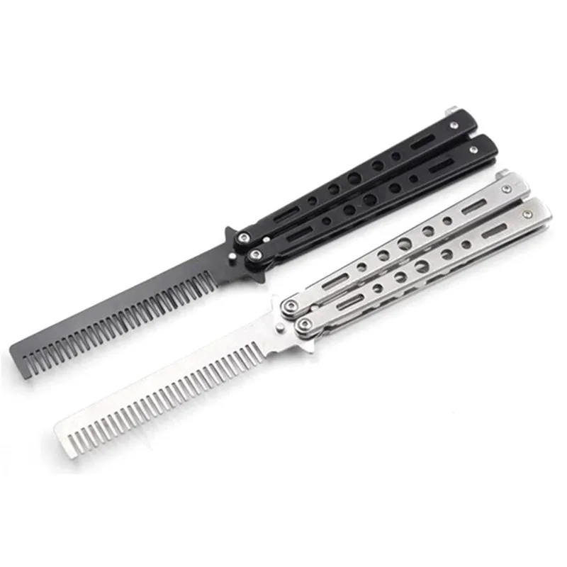 

Hot selling folding blade knife butterfly comb knife comb with black and silver color Stainless steel fold knife Hand tools