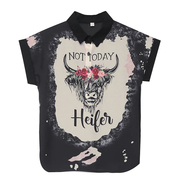 Блузка женская шифоновая с принтом рубашка коротким рукавом и отложным