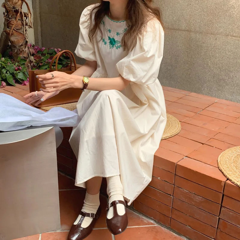 

O Neck Embroidery Elegant Long Dress For Women Fashion Loose Lantern Sleeve Vintage Chic Female Dress Summer Korean Sundress New