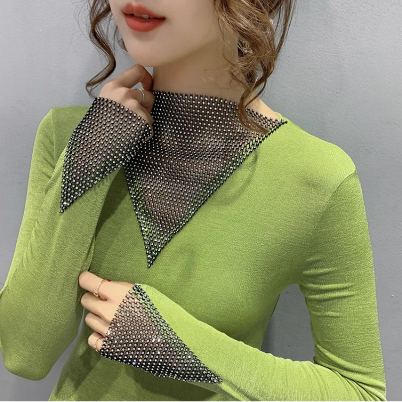 

Blusas Mujer De Moda 2021 Hollow Mesh Turtleneck Blouse Women Tops Long Sleeve Blouse Women Shirts Womens Tops And Blouses C460