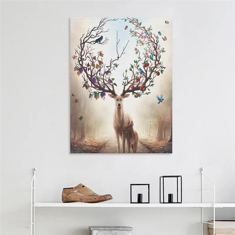 Картина маслом в скандинавском стиле с оленем и принтом | Дом сад