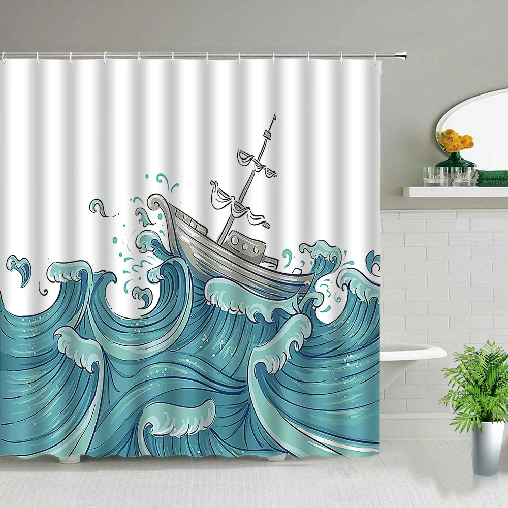 

Sailboat Navigation Waves Scenery Shower Curtain Cartoon Sea Ocean Landscape Bath Screen Waterproof Fabric Bathroom Curtains