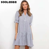 soolasea 2021 new short sleeve women shirt dress striped buttons beach dress summer ladies casual ruffles mini dress vestidos