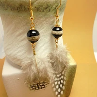 feather dangle bead charms earrings real gold plated brass beads natural stone earrings