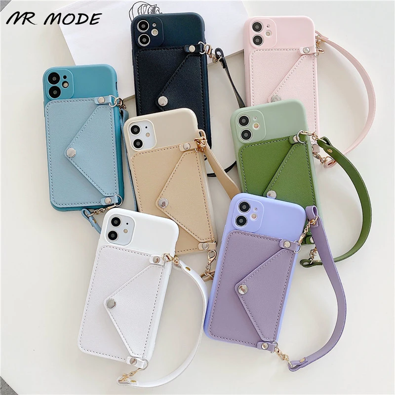 

Fashion For iPhone X Candy Color Wallet Case With Lanyard And Hand Rope Cover For iPhone 11 11 Pro MAX XR XS MAX X 8 7 6 6S Plus