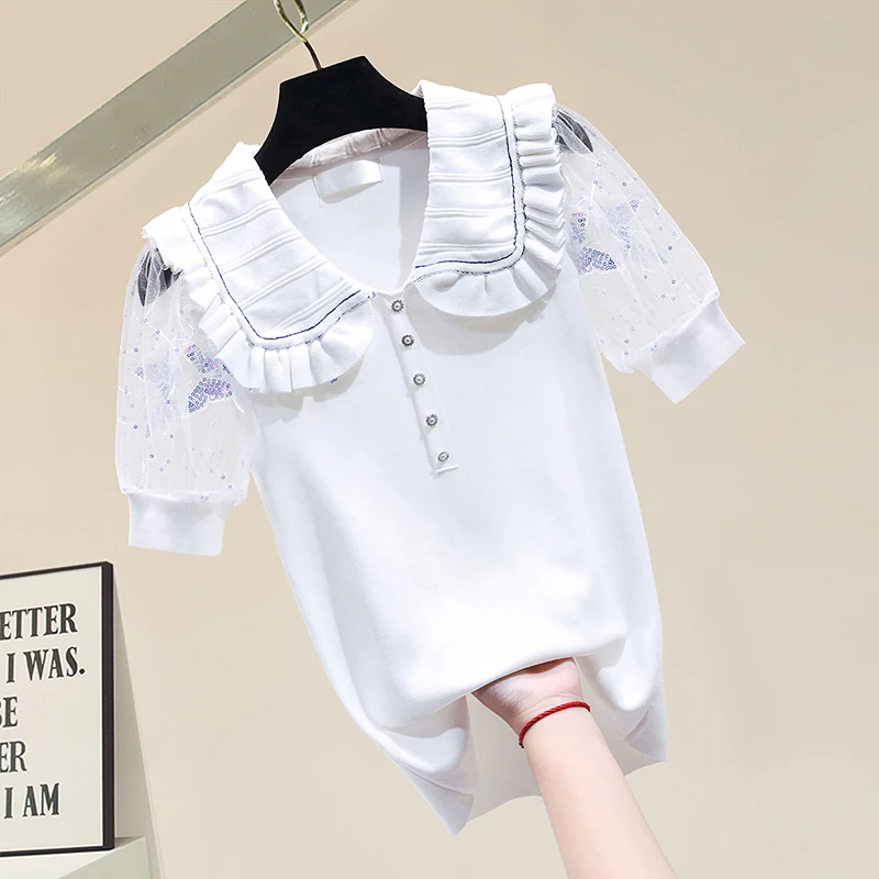 

Short Pullover Lady Mesh Stitching Sleeves Knitwear Cotton Short Sleeve Loose T-shirt Women's Tshirt 2021 Summer Woman Tees Tops