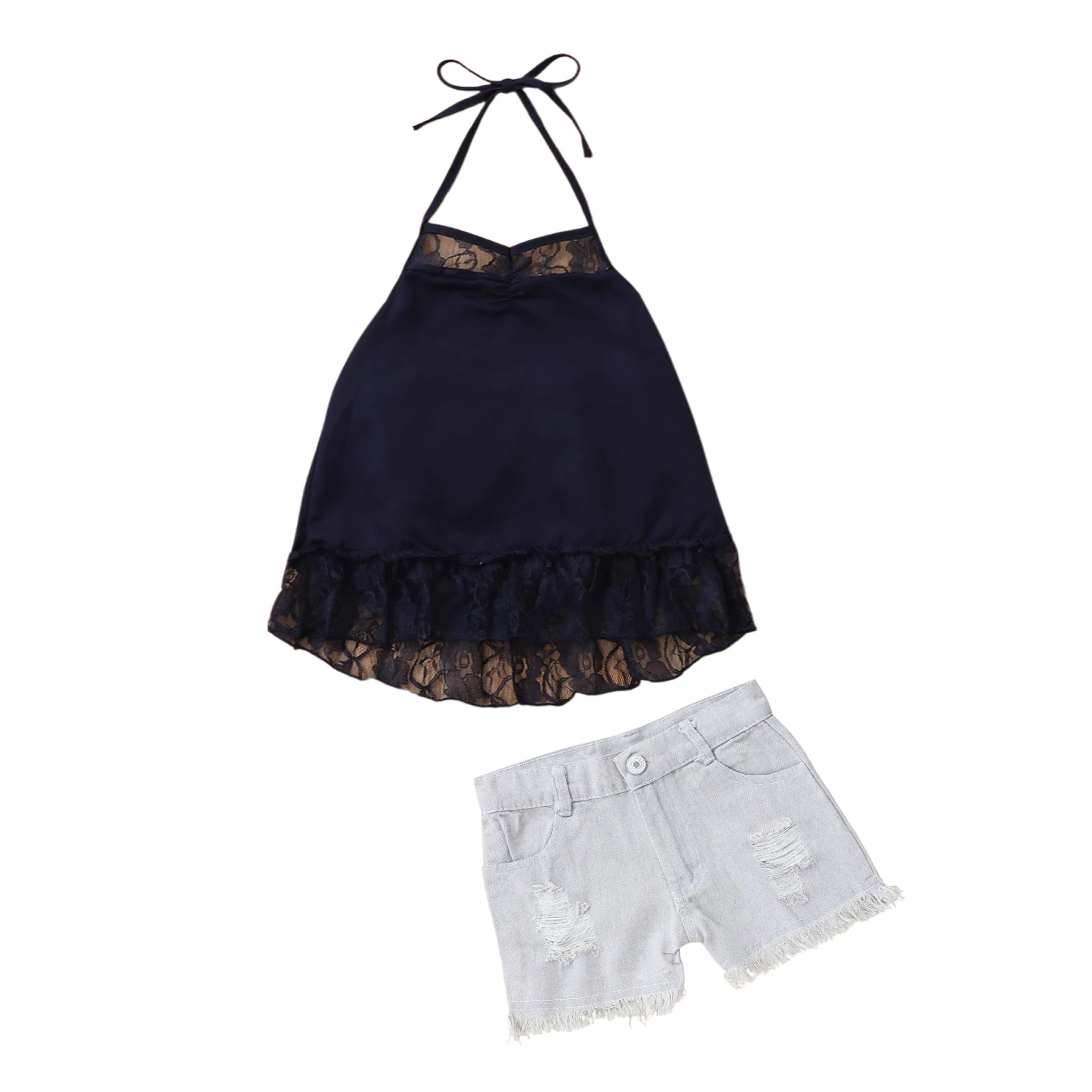 

1-6 Years Girls Casual Two-Piece Clothes Set Navy Sleeveless Halter Neck Lace Hem Tops And Hole Denim Shorts Girls Outfits