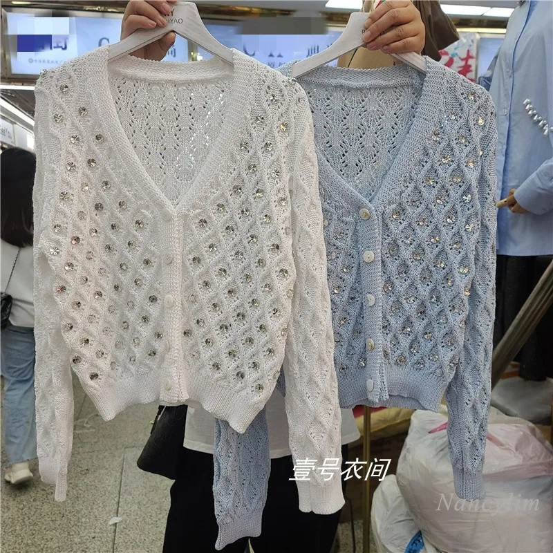 

New Rhinestone Hollow Knitted Cardigan Female Temperament Long Sleeve Sweater Coat Lady Chic Cropped Top Nancylim