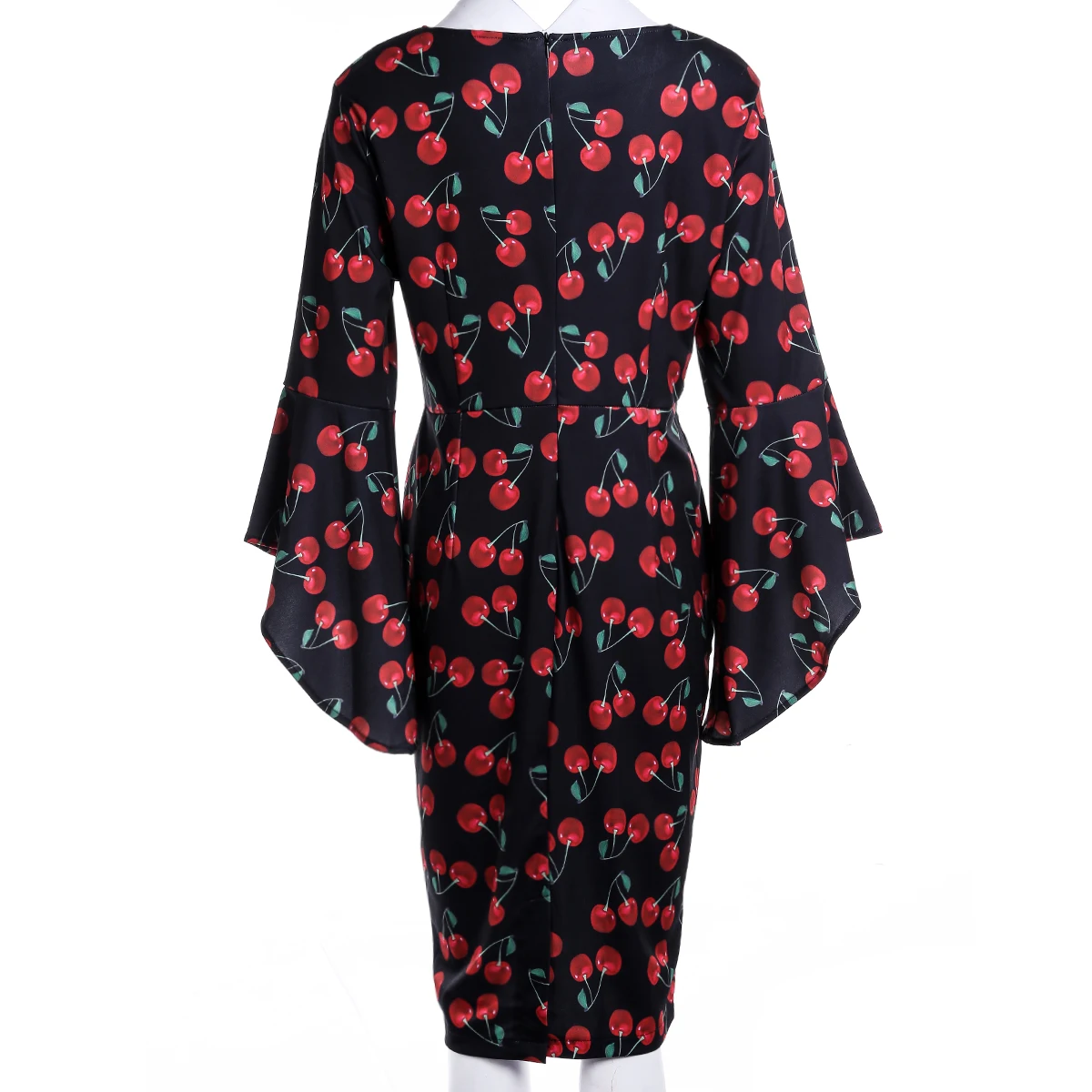 

Women Summer V-neck Dress, Wave Point/Print/Solid Color Pencil Dress, 3/4 Flare Sleeve Knee Length Dress