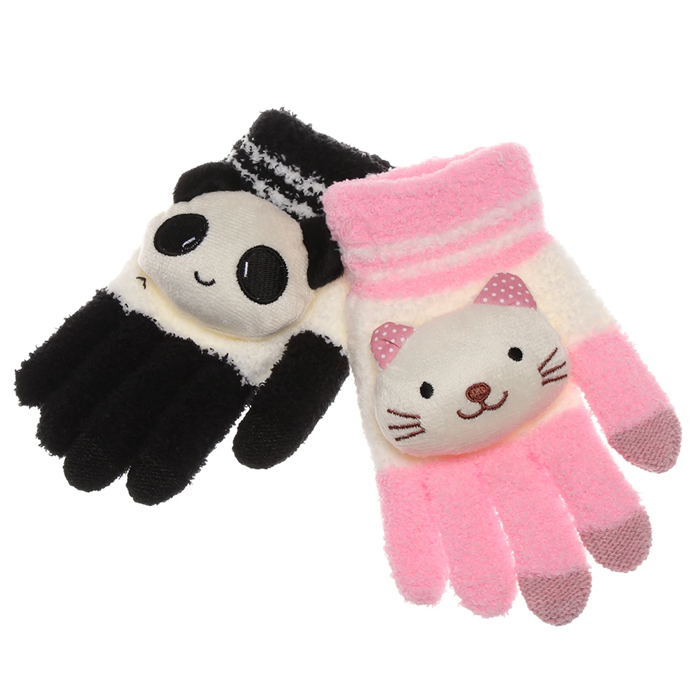 1 пара женский зимний теплый вязаный перчатки милые Мультяшные панды кошка кролик Сенсорный экран перчатки модные коралловые флисовые полный митенки для пальцев