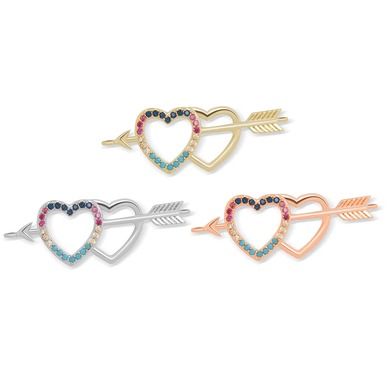

Multicolor Cubic Zirconia Crystal Brass Arrow Double Linked Love Heart Charm Connector For Necklace Bracelet Makings DIY Finding