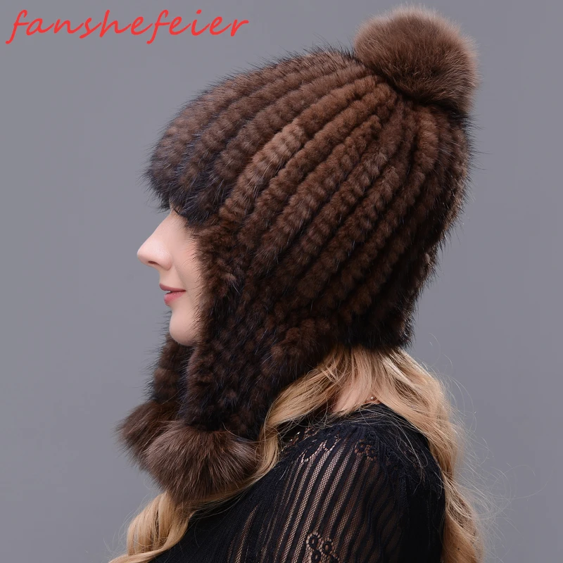 Настоящая Натуральная норковая шапка двойная вязанная длинная меховая с ушками