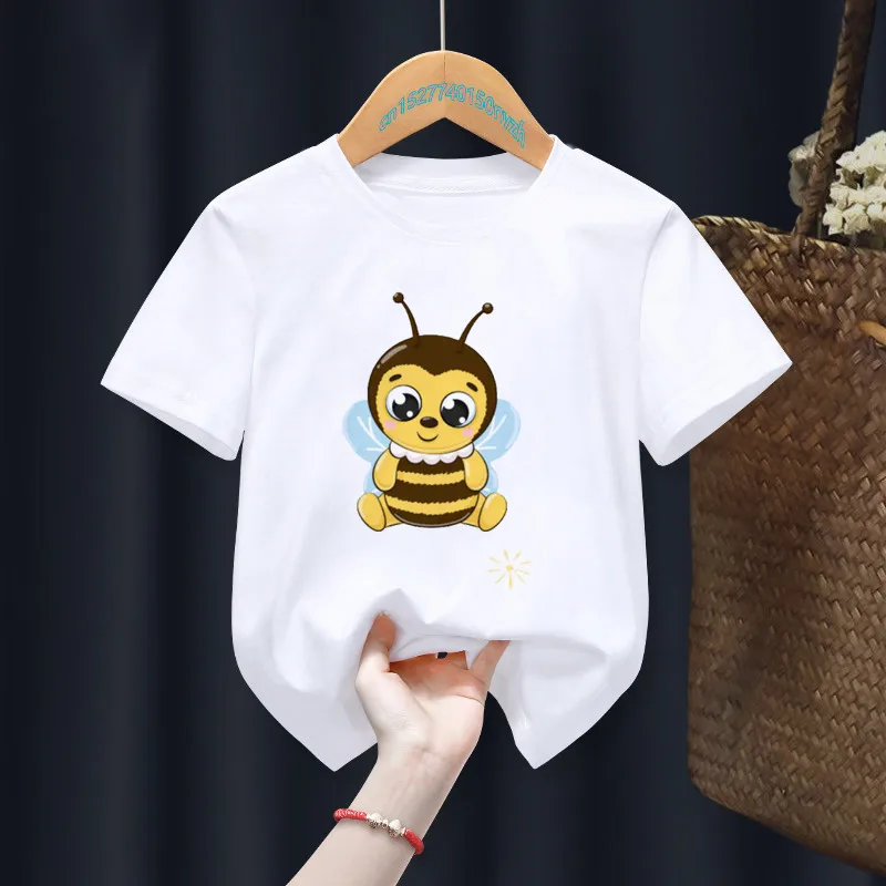 Camiseta para ni&ntilde;os y ni&ntilde;as de dibujos animados, divertida camiseta blanca de abeja para ni&ntilde;os, Tops de animales, regalo, ropa de regalo, env&iacute;o directo-3