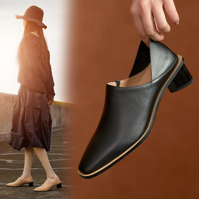 

Women pumps natural leather shoes plus size 22-26cm cowhide upper + pigskin lining two-wear slippers Round heel small square toe