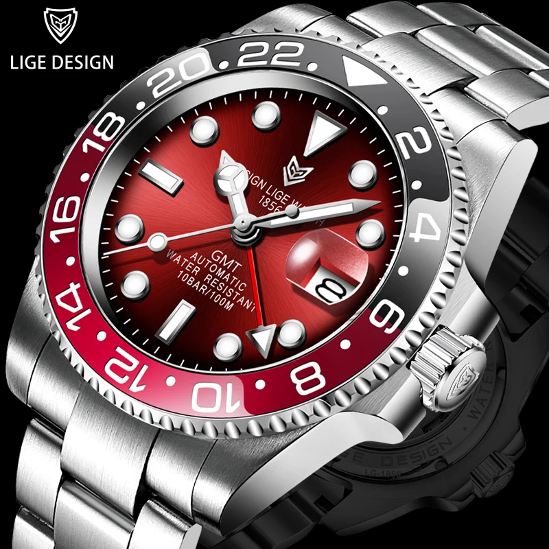 

LIGE DESIGN GMT Men's Mechanical Watch Automatic Ceramic Bezel Stainless Steel 100M Waterproof Clock Sapphire Glass Watches Man