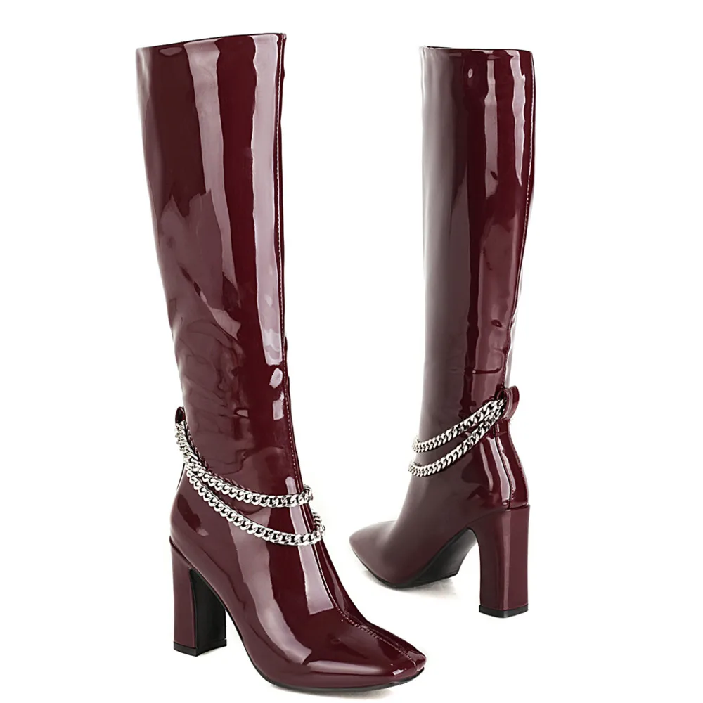 

Knee High Women Boots Modern Square Toe Pumps Patent Leather Short Plush Winter Sexy Metal Decoration Square Heels Pu Shoes