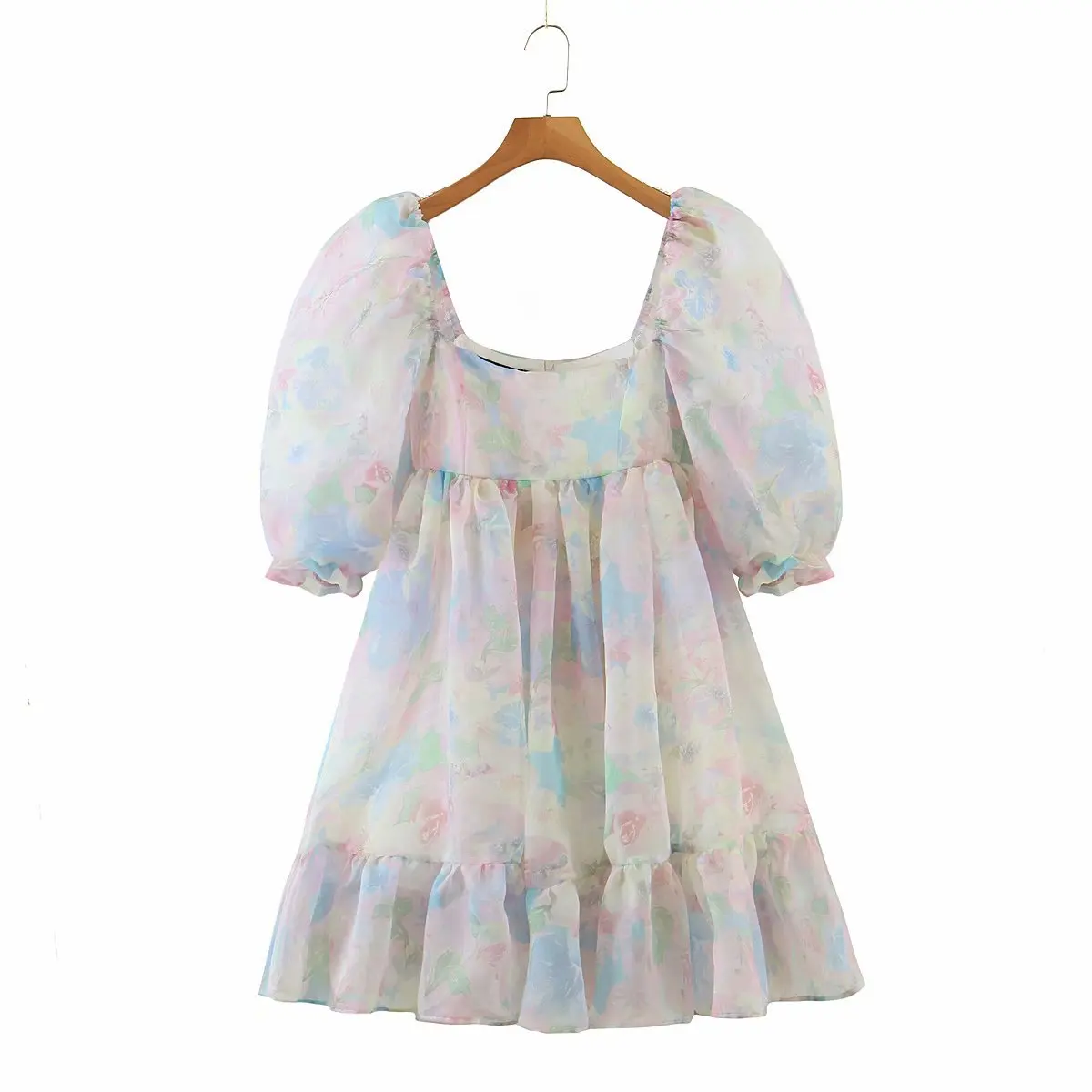 

Pinkou Women Sweet Print Organza Mini Dress Square Collar Short Puff Sleeve A Line Female Sexy Summer Dresses Vestido QA188