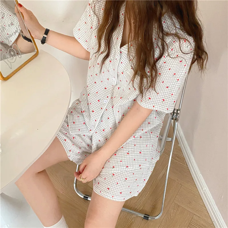 157 Summer Double layer Cotton Linen Plaid Cherry Print Pajama Set ladies pajamas suit Pyjamas Shorts pajamas women's homewear