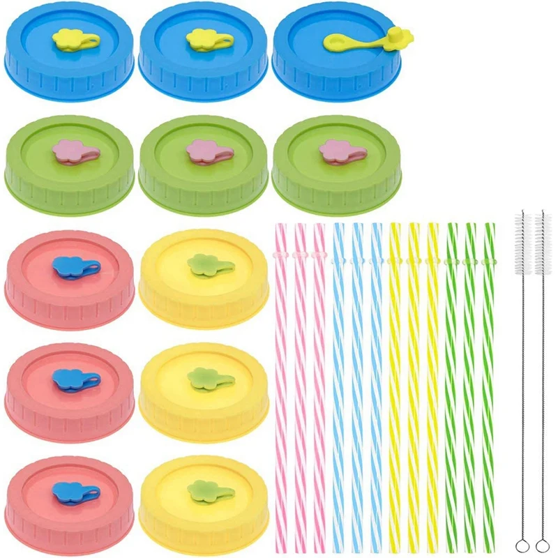 Mason Jar Lid with Straw Hole Plastic Silicone Ring Cleaning Brush Perfect for Drinking and Food Storage 26Pcs | Дом и сад