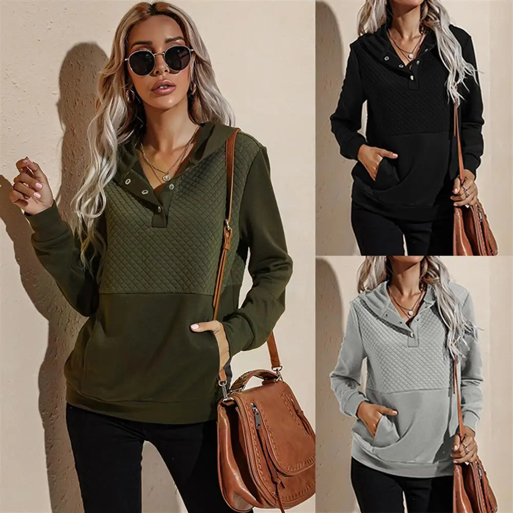 

Women Long Sleeve Hooded Sweatshirt Fashion Clothes Button Solid Hoodie Casual Loose Pullover Lounge Wear Pocker Slim Fit Top