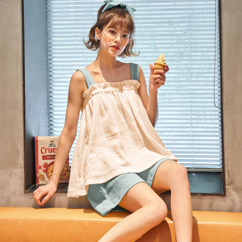 

Strap Pajamas Women's Summer Cameo Paste 2021 New Online Popular Pure Cotton Large Size Ins Style High-Grade Home Wear