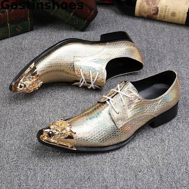 Golden Genuine Leather Men Shoes Snakeskin Printed Fashion Casual Business Party Wedding Leisure Oxfords | Обувь