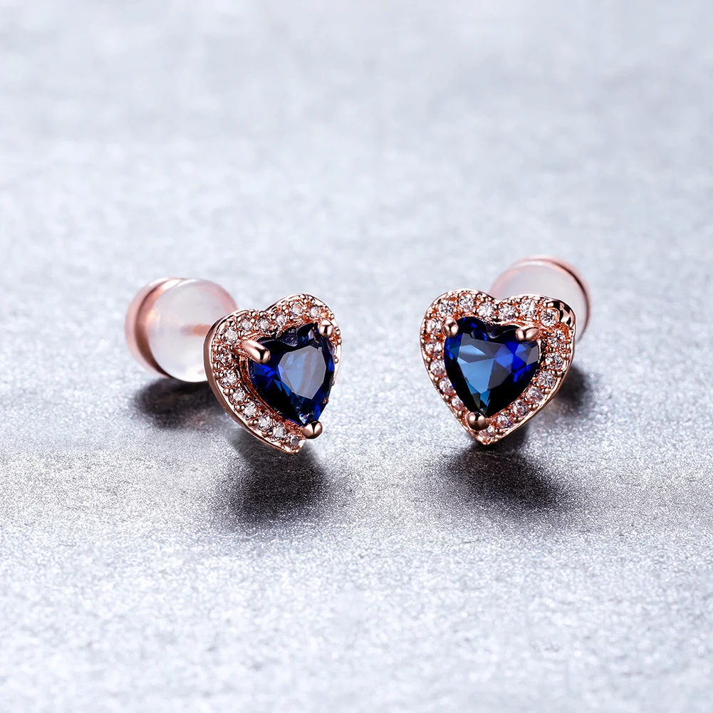 

2021 Fashion Stud Earrings for Women Rose Gold Metal Heart Blue Rhinestone Silica Gel Clear Earplug Girls Cute Earring Charms