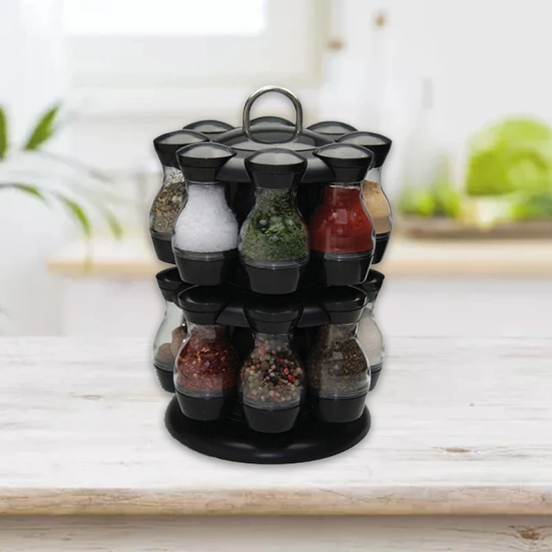 

8 Pcs/16 Pcs Spice Jars Set with Round Rotatable Storage Rack Cruet Condiment Salt and Pepper Seasoning Cooking Bottle