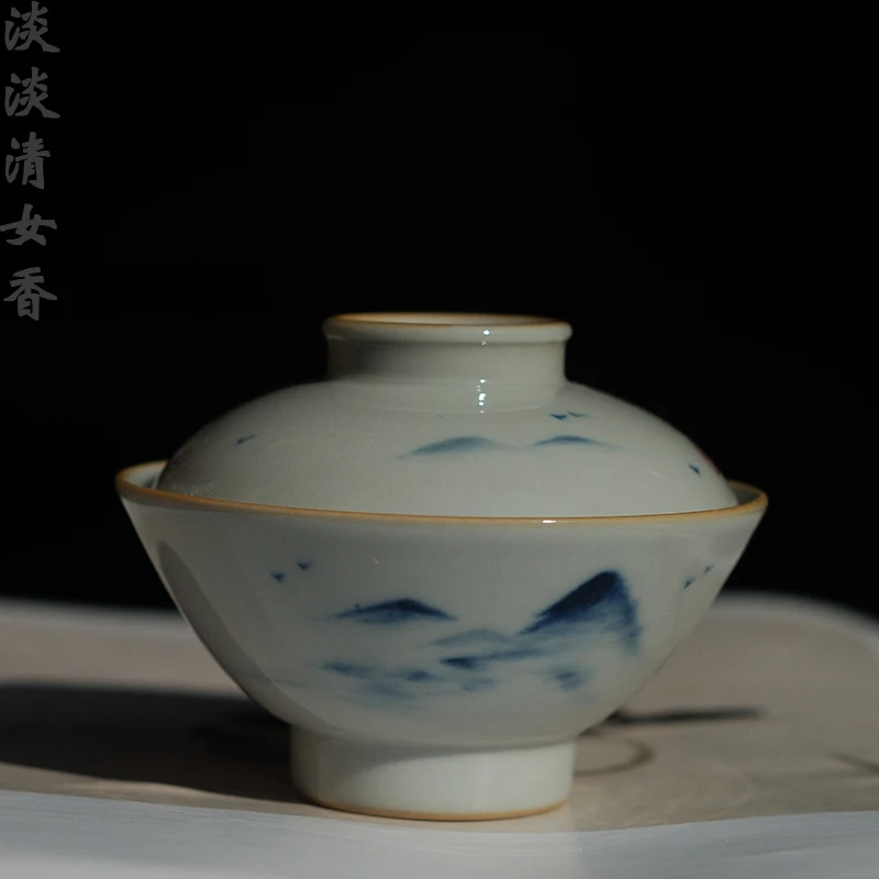 Ручная роспись синий и белый Мерле Птица узор Cermic Tureen чаша для чая фарфоровый