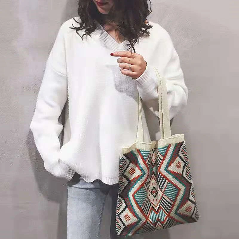 

Lady Knitting Gypsy Bohemian Boho Chic Aztec Tote Bag Women Crochet Casual Open Shopper Top-handle Bag 2021 Female Daily Handbag