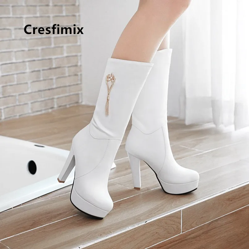 

Cresfimix women fashion high quality high heel boots lady classic white autumn long boots botas de mujer leisure boots a6072