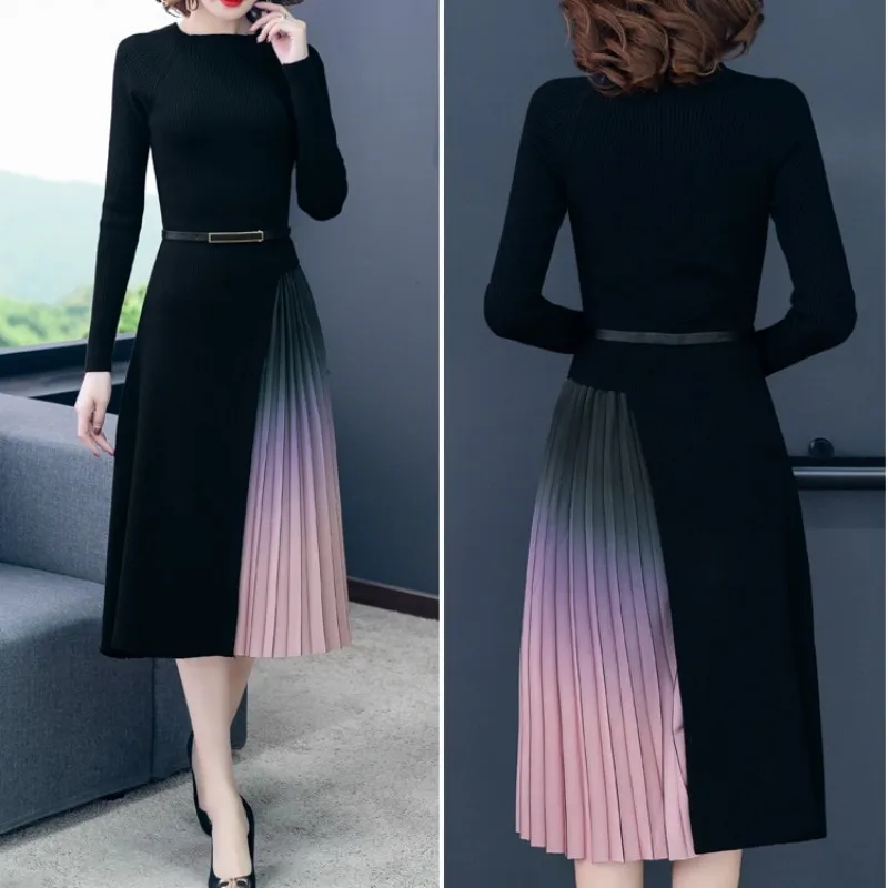 Женское осенне зимнее Элегантное трикотажное плиссированное платье средней