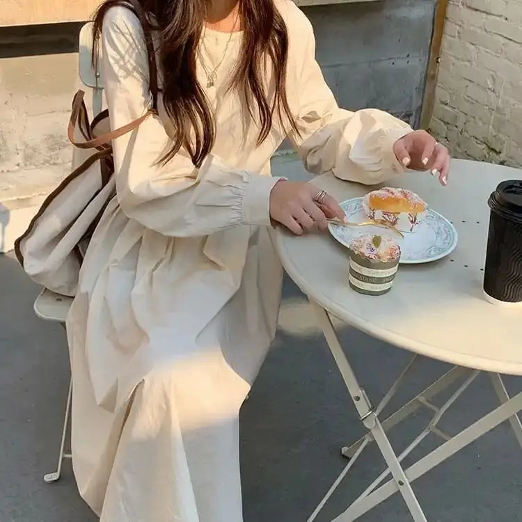 

QWEEK Mori Girl Style Long Sleeve Dress Women Spring 2021 Fashion Women Korean Style Kawaii Cute Midi Dress O-neck Prrety Style