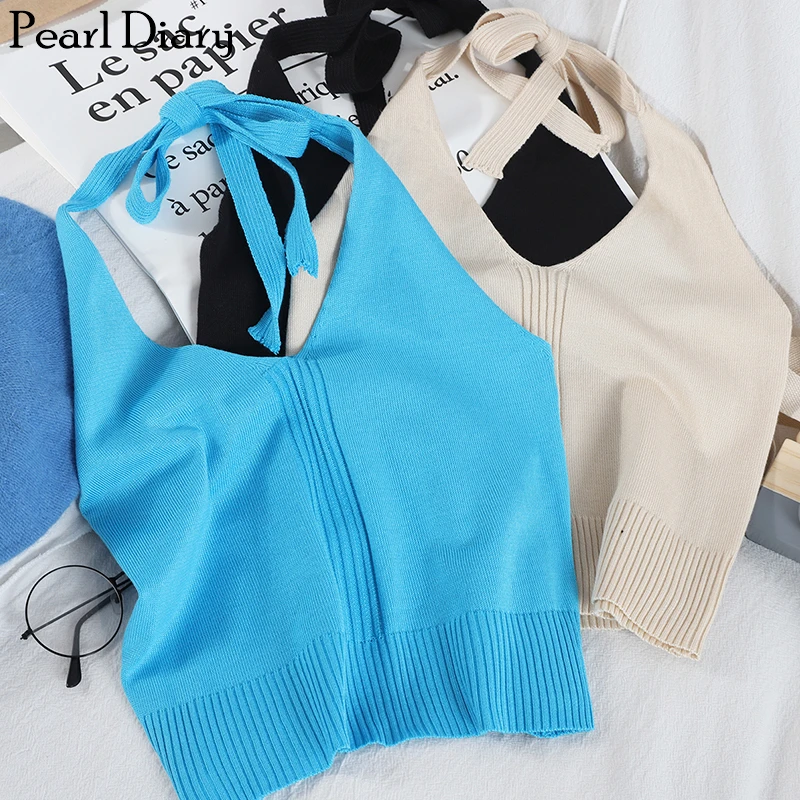 

Pearl Diary Women Halter Knit Crop Top Summer Solid Sexy V Neck Short Top Knitted Going Out Backless Casual Crop Top For Women