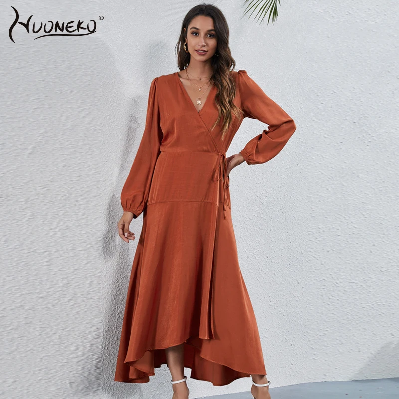 

Dress Women Elegant Long Ruffle Sleeve Lace-up High Waist Irregular Fashion Autumn Winter Vintage Sexy V-neck Dresses WDR31