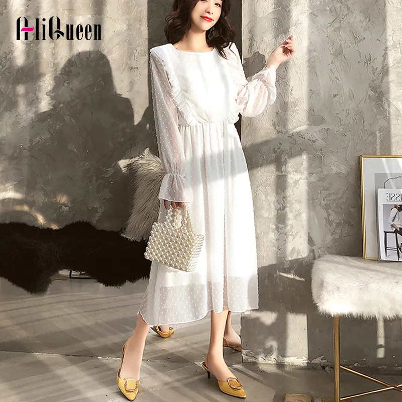 Женское шифоновое платье в горошек длинное кружевное без рукавов с оборками и