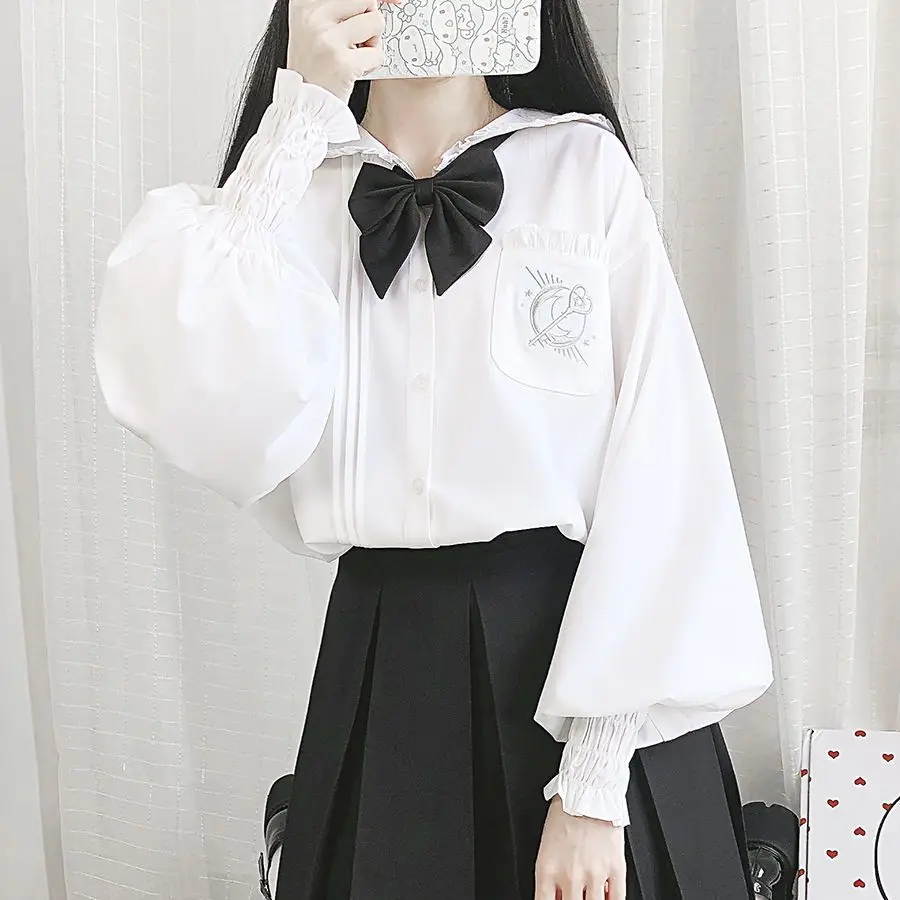 

Preppy Style Mori Girl Moonlight Key jk Uniform Shirt embroidery Sailor Collar Puff sleeve Ruffle Lolita Autumn White Blouse