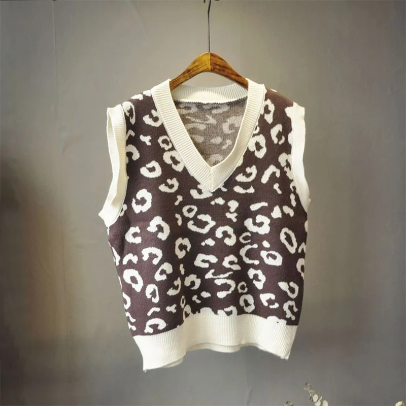 Женский трикотажный жилет с v образным вырезом и леопардовым принтом свободный