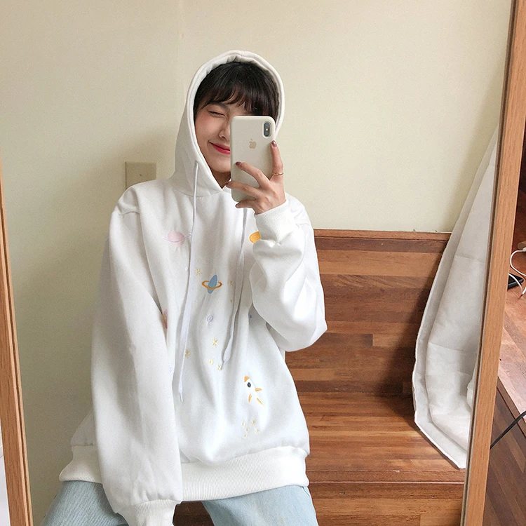 Mooirue для женщин Свободные толстовки звезда дирижабль вышитые Harajuku утолщаются пуловер Повседневная Уличная корейский стиль толстовка