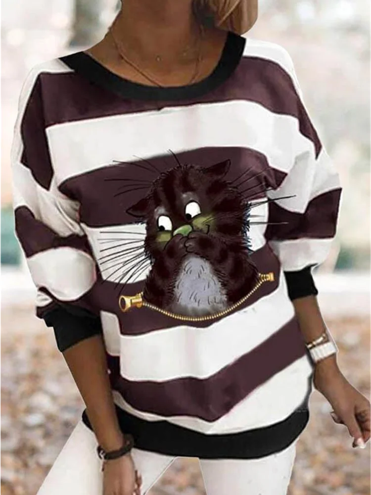 

Autumn Hot Sale Funny Cat Striped Long Sleeve T-Shirt for Women Round Neck Solid Color Pullover Casual Tops
